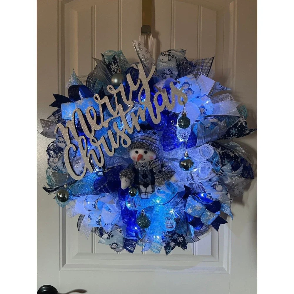 Blue Snowman Merry Christmas Ribbon Door Wreath Handmade 22 ins LED W23